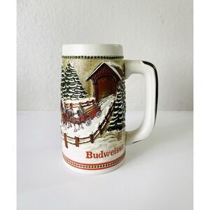 1984 Budweiser Christmas Beer Stein Vintage Mug Covered Bridge Clydesdale